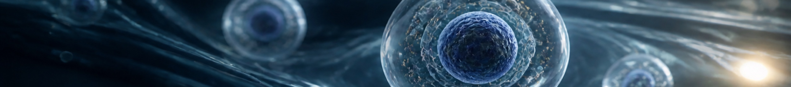 Cinematic blue cellular landscape representing biomanufacturing innovation
