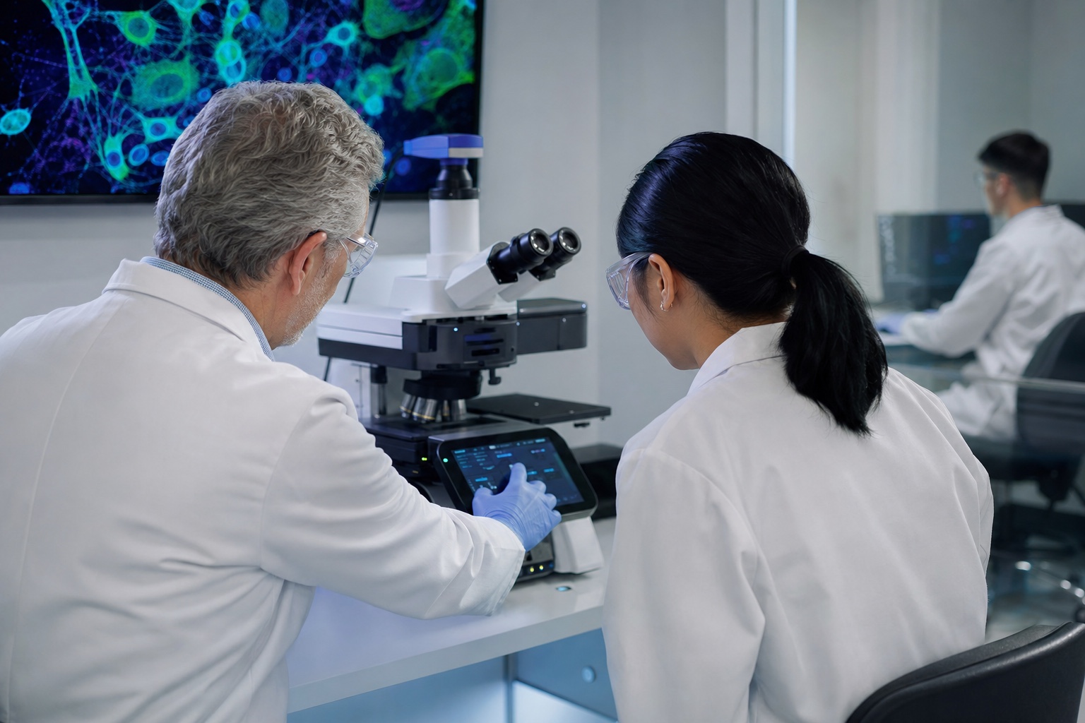 Research mentor demonstrating an advanced cell-imaging microscope to a visiting trainee