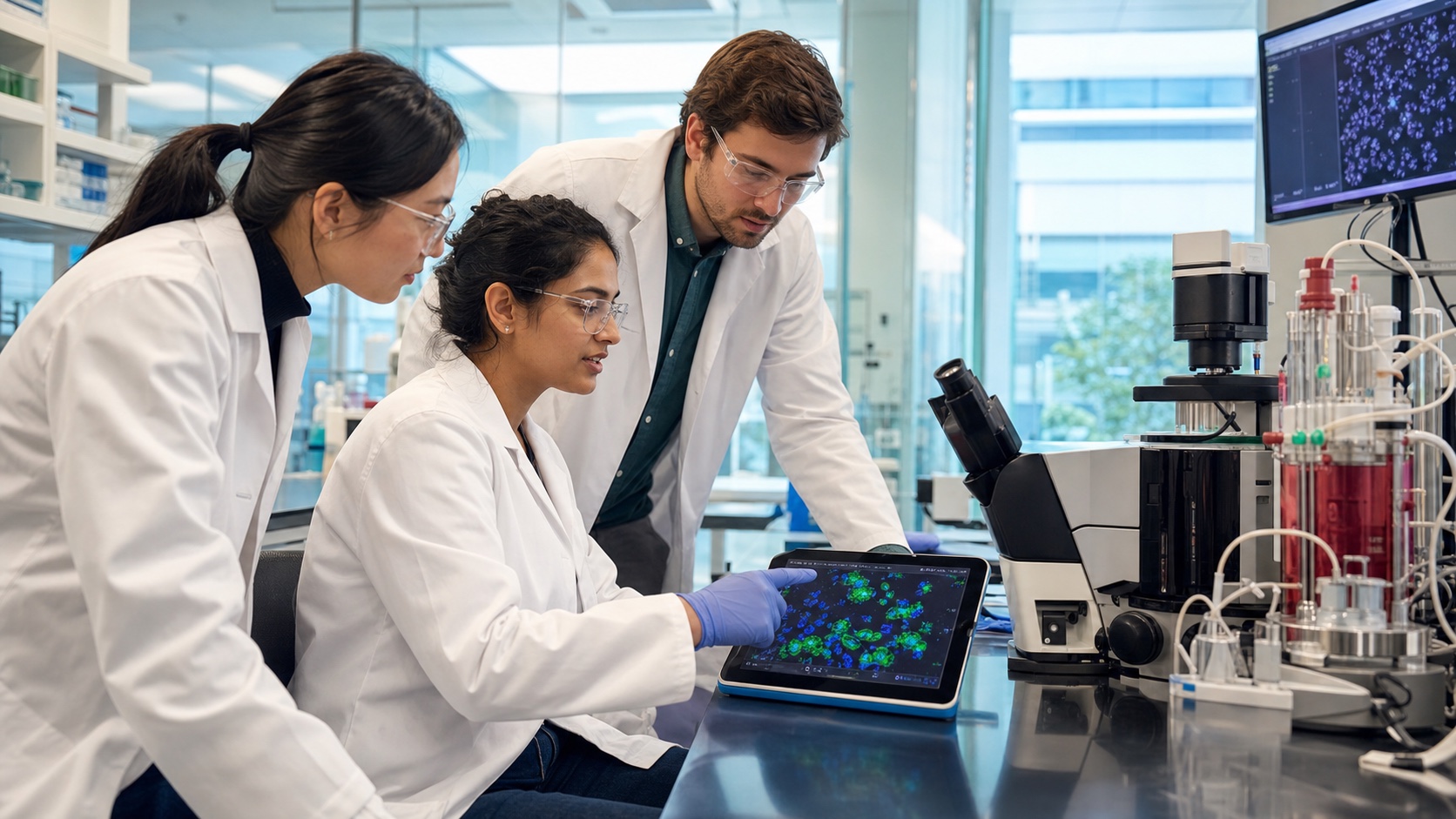 Graduate researchers reviewing live-cell imaging data together in a university laboratory