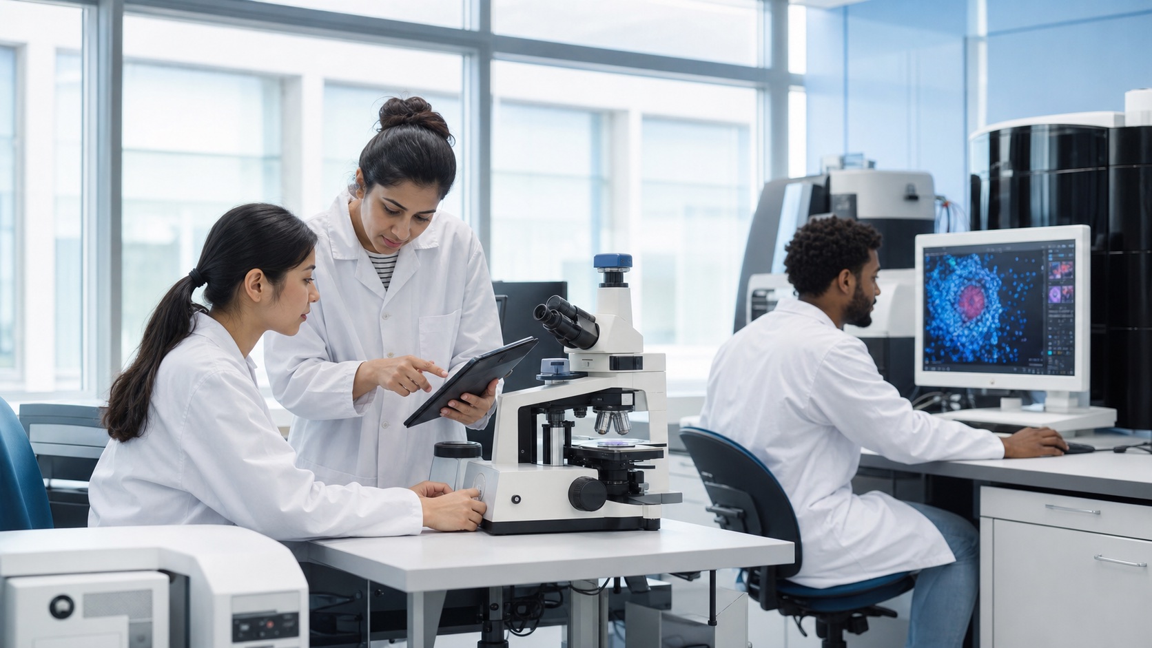Researchers from different Canadian institutions collaborating at a microscopy workstation