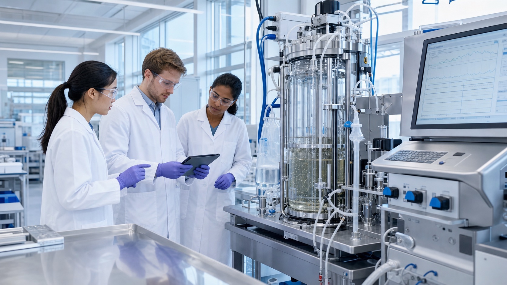 A visiting research trainee receiving specialized bioprocess training from host scientists