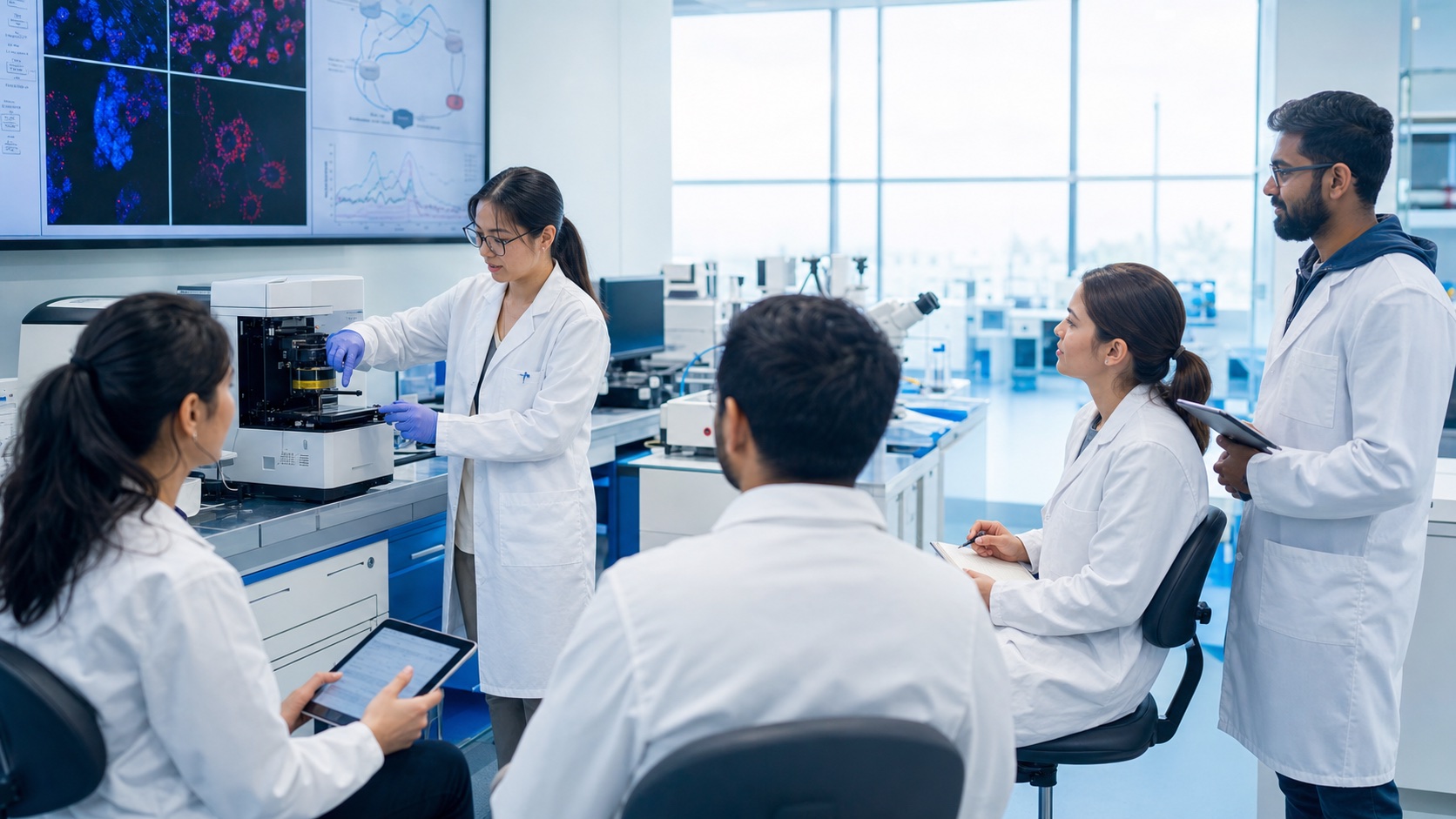 A returning research trainee demonstrating a newly learned technique to colleagues at their home institution